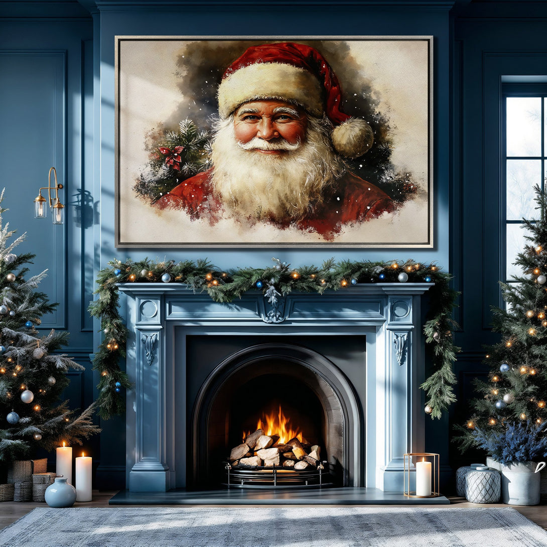 Framed Wall Art: Santa Claus portrait in a cozy Christmas interior. Warm red and beige tones pop against a cool blue backdrop. Perfect holiday decor!