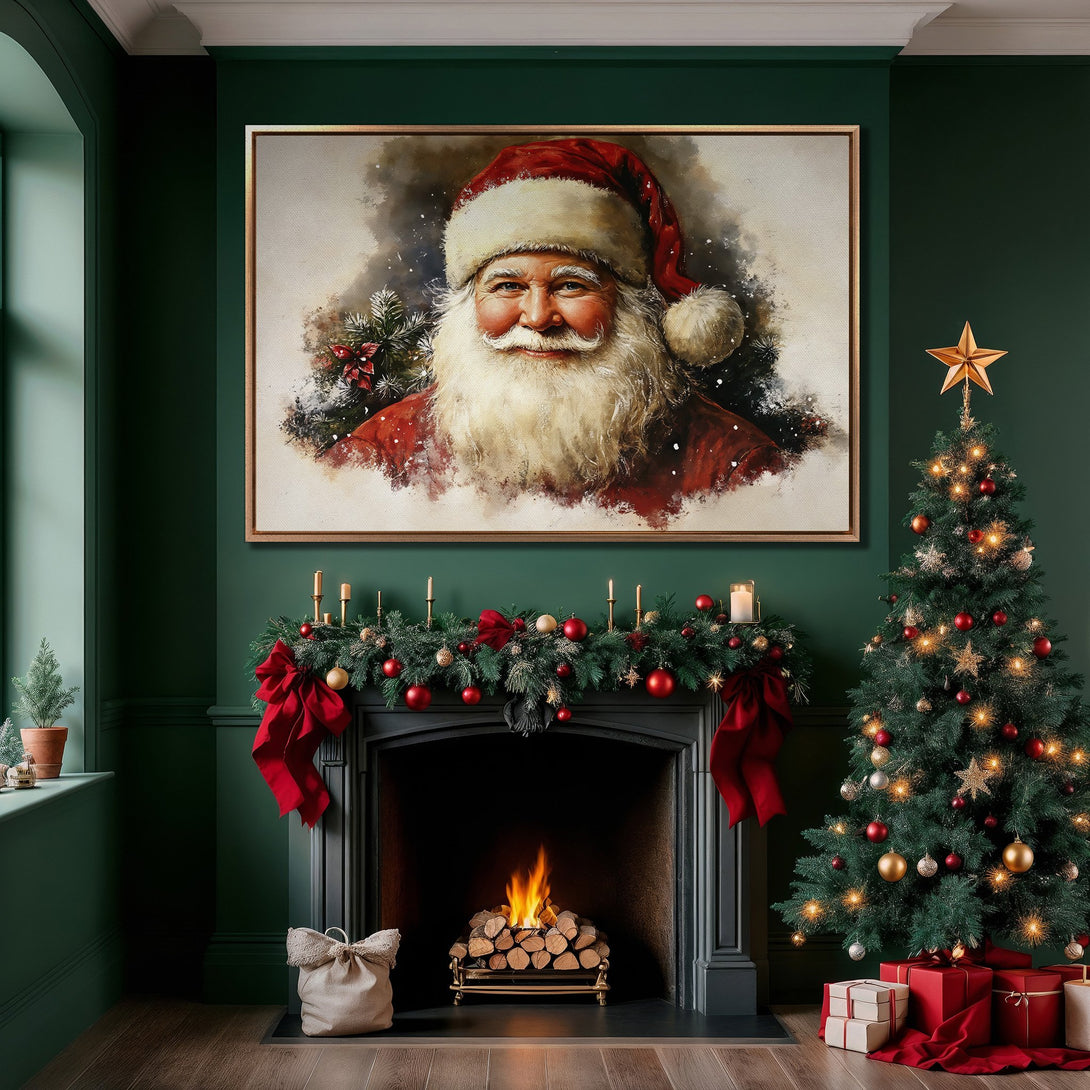 Framed Wall Art of Santa Claus in a cozy Christmas interior. Warm red & gold accents against a deep green backdrop. Perfect holiday decor!
