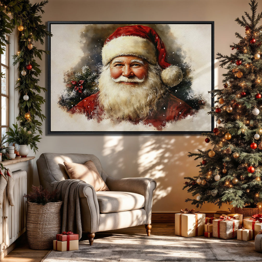 Framed Wall Art: Watercolor Santa portrait in a cozy Christmas interior. Red, white, and neutral tones create a warm, festive atmosphere. Perfect holiday decor!