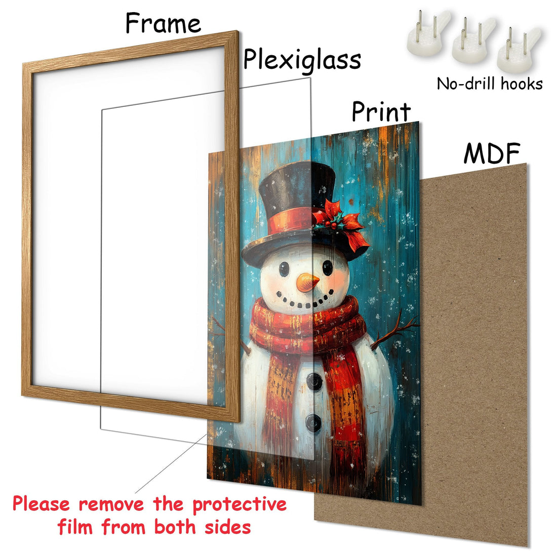 Framed Poster featuring a whimsical snowman art print. Rustic style with a vibrant blue, red, and white color palette. Perfect winter wall decor!