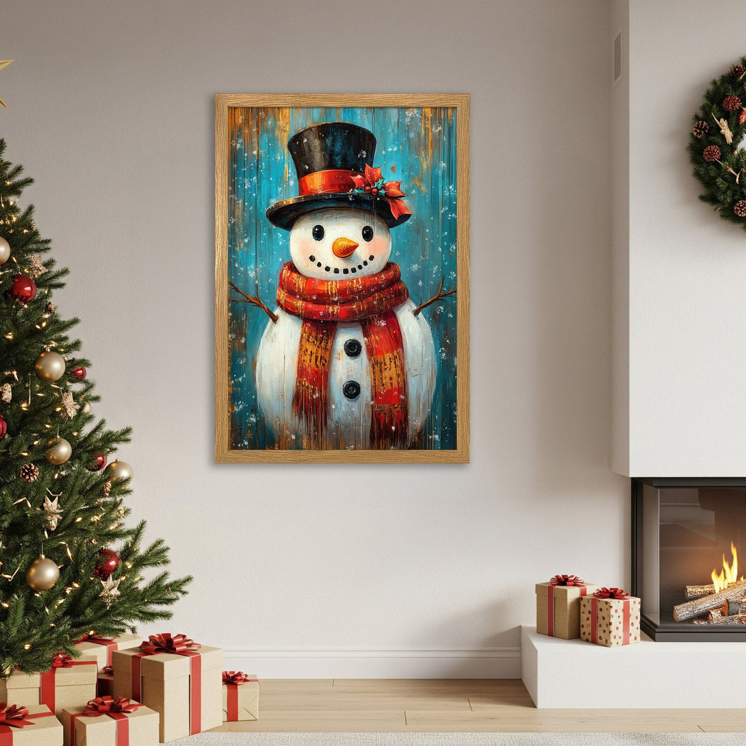 Framed Poster featuring a whimsical snowman illustration in a vibrant blue, red, and white color palette. Perfect for Christmas decor!