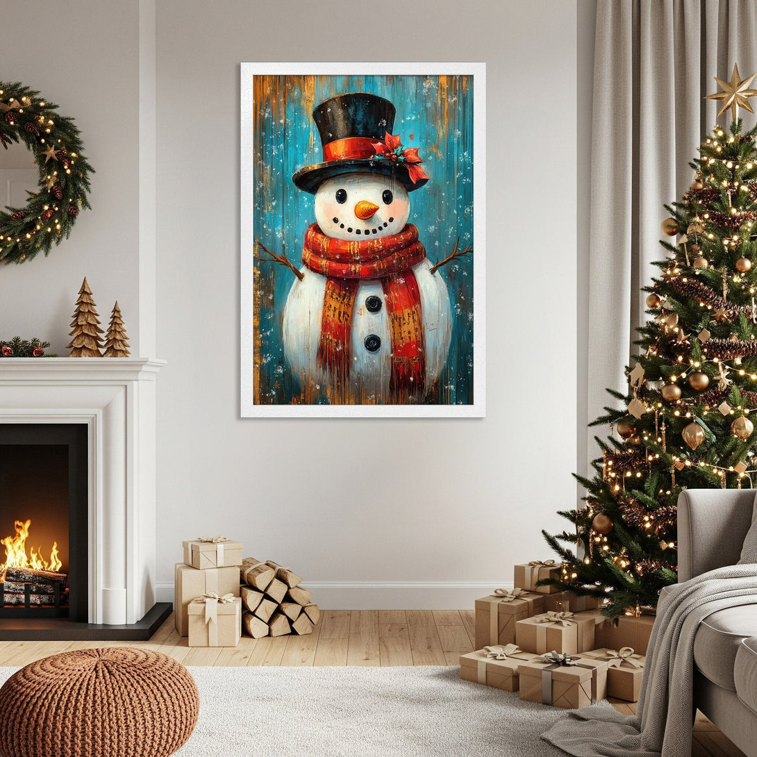Framed Poster featuring a whimsical snowman in a vibrant, painterly style with a blue, red, and white color palette, perfect for Christmas decor.