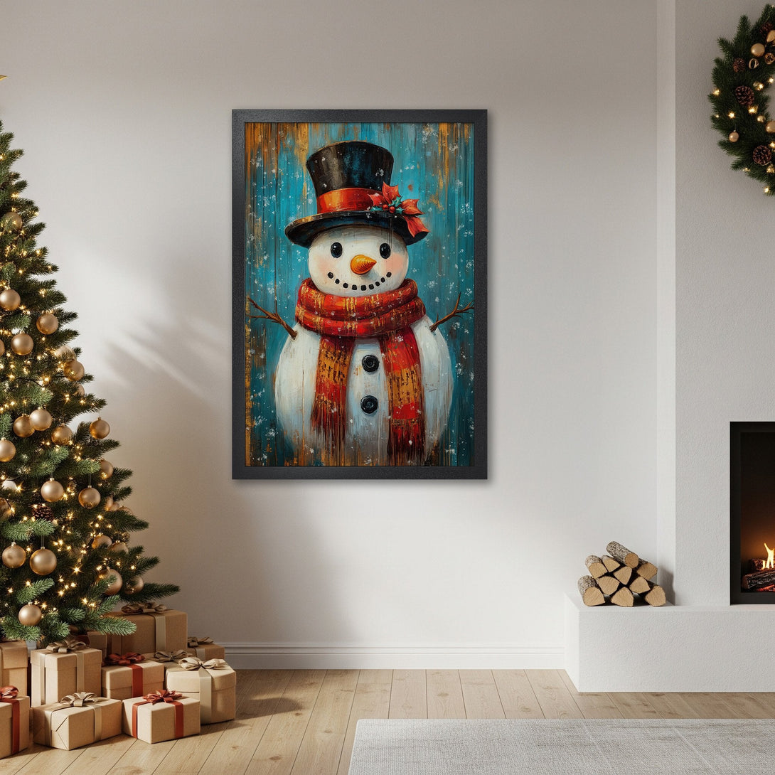 Framed Poster featuring a charming snowman in a festive, watercolor style. Vibrant red, blue, and gold color palette for holiday decor.