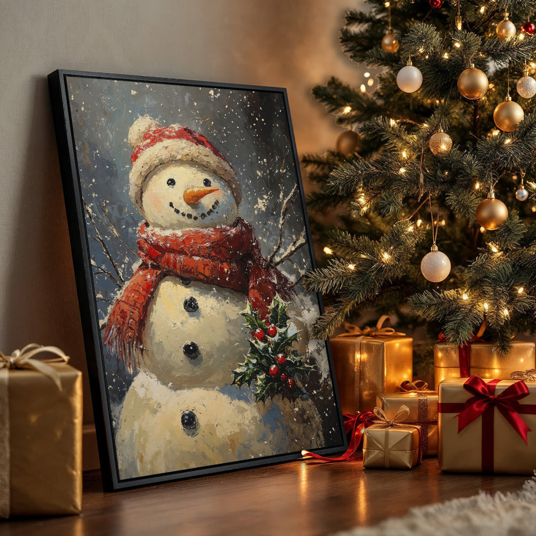 Framed Wall Art: Charming snowman painting in a cozy Christmas scene. Warm, festive color palette with red, white, and gold. Perfect holiday decor!