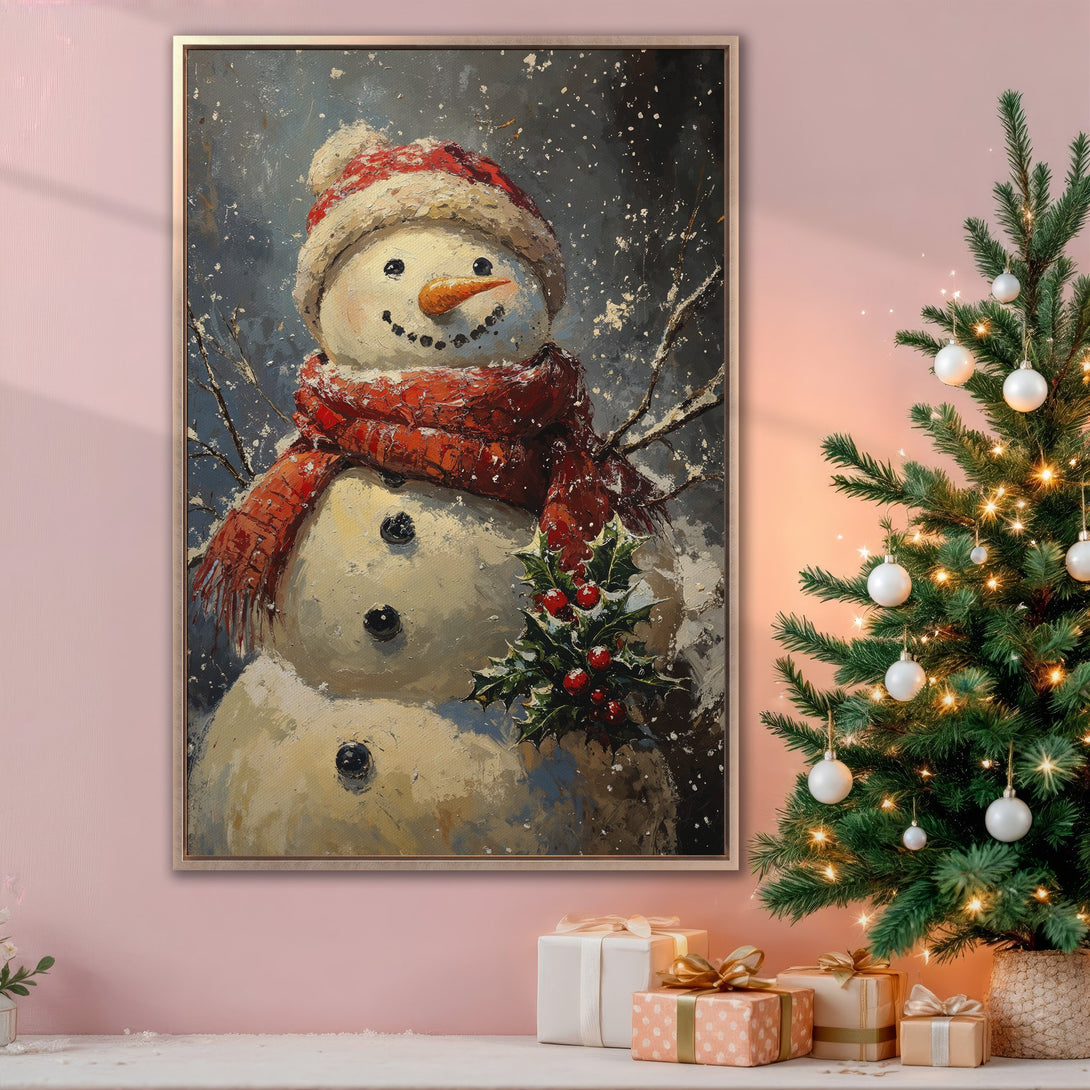 Framed Wall Art featuring a charming snowman in a winter scene. Festive, impressionistic style with a warm, red and blue color palette. Perfect holiday decor!