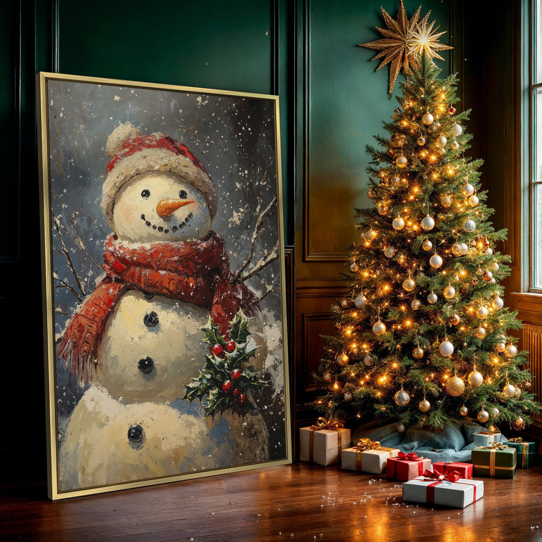 Canvas Print featuring a cheerful snowman in a winter scene. Painted in a warm, impressionistic style with a red and blue color palette. Perfect holiday decor!