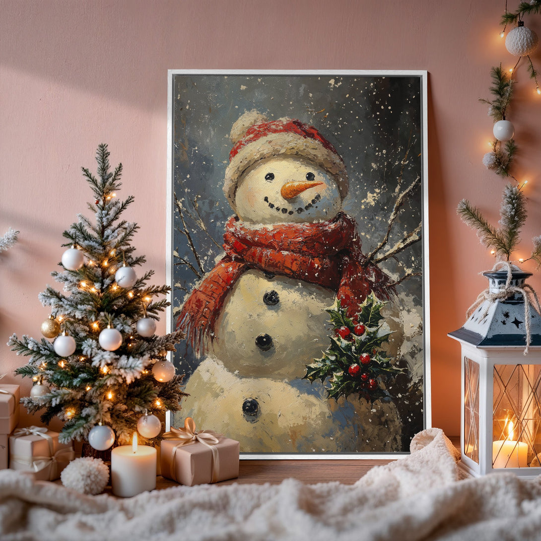 Framed Wall Art: Festive snowman painting with a cozy, painterly style. Warm red, white, and blue color palette perfect for holiday decor.