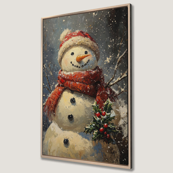 Framed Wall Art: Charming snowman painting with a red scarf and hat. Winter scene in a rustic style with a warm, inviting color palette. Perfect holiday decor.
