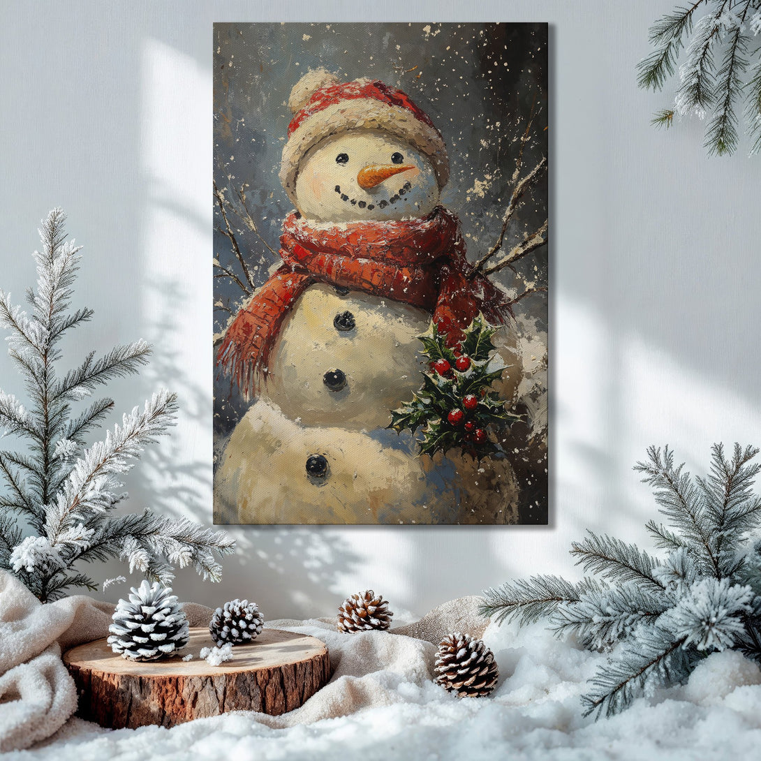Framed Wall Art: Winter snowman painting in a festive interior. Rustic style with red, white, and green color palette. Perfect holiday decor.