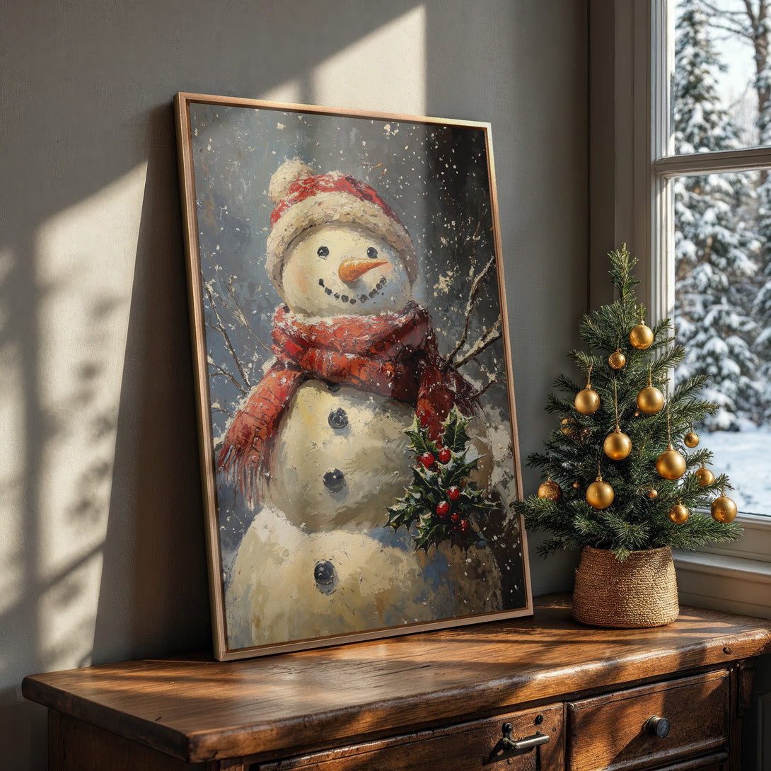 Framed Wall Art: Charming snowman painting in a cozy interior. Featuring a warm, wintery palette of red, cream, and blue. Perfect holiday decor!