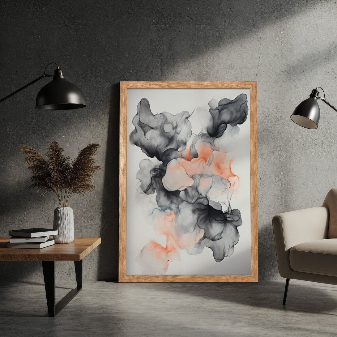 Framed Poster featuring abstract ink art in gray, black, and peach tones. Modern wall art for stylish home decor.