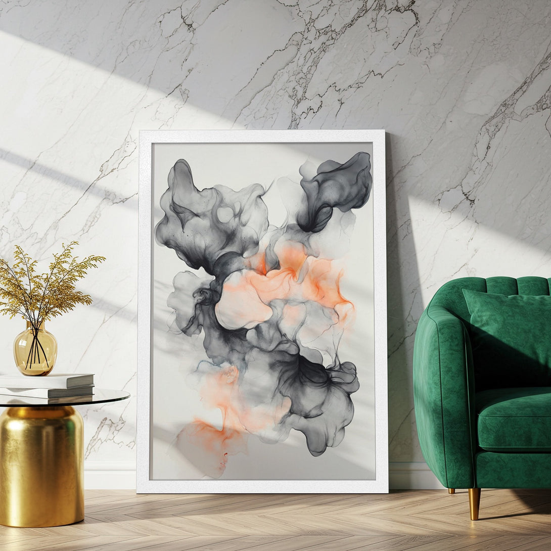 Framed Poster featuring abstract ink art in gray, peach, and white. Modern wall art for home decor.