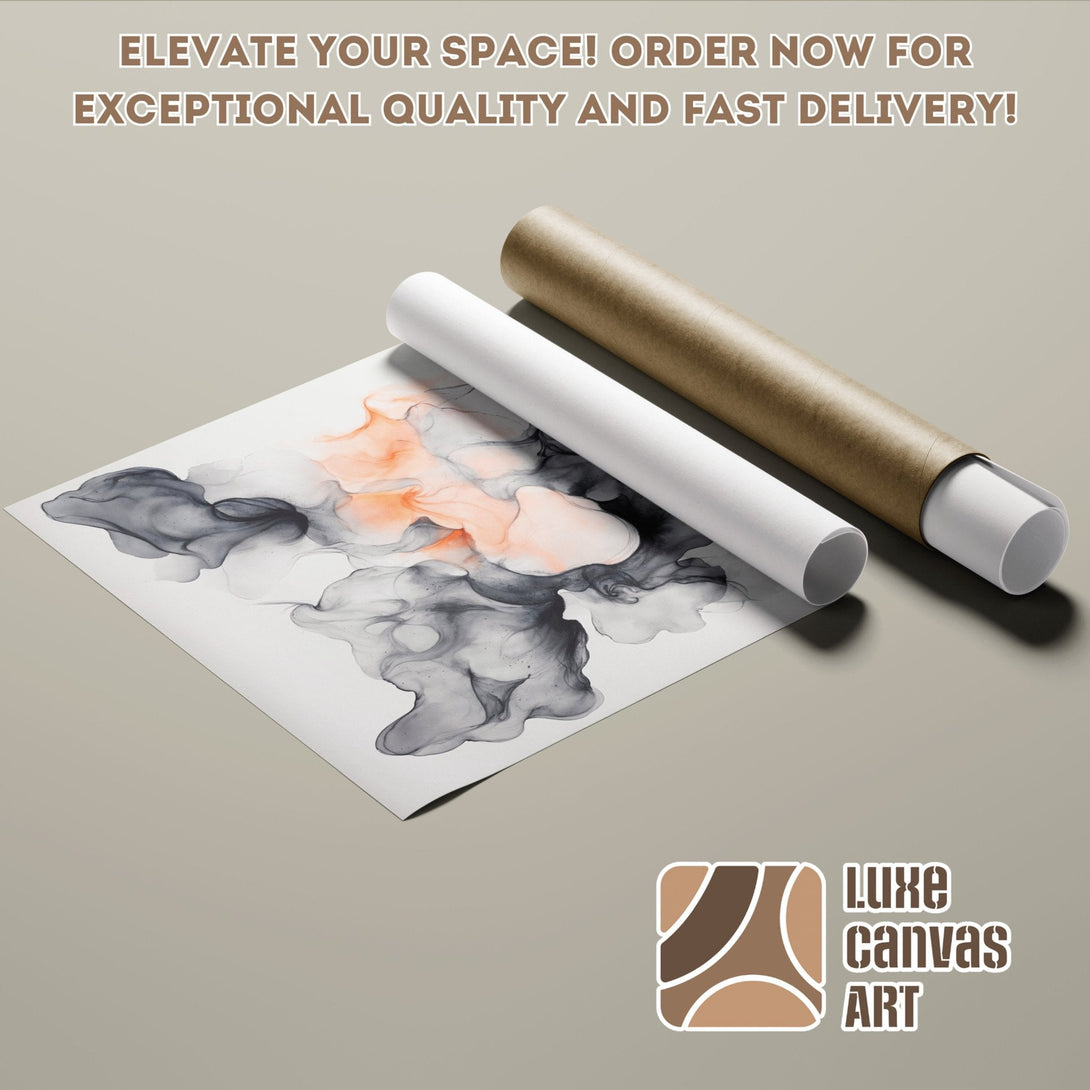 Poster Roll featuring abstract art in black, gray, and orange hues. Elevate your space with Luxe Canvas Art!