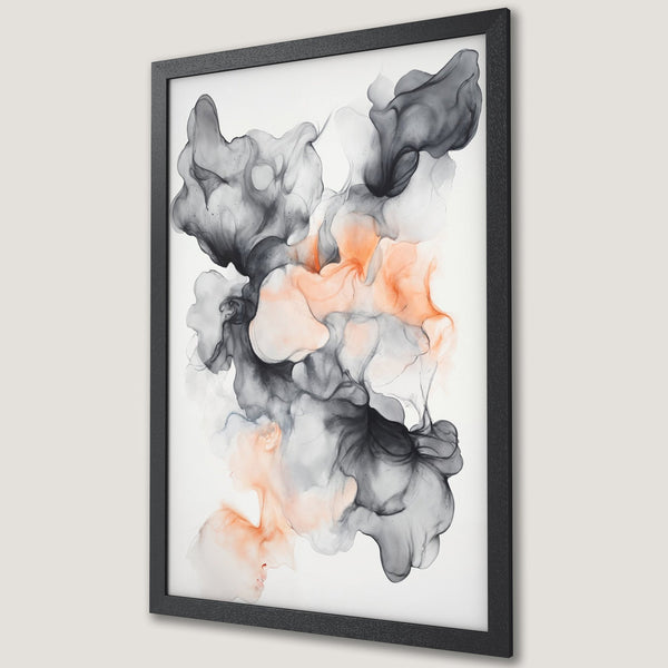 Framed Poster featuring abstract ink art with gray, black, and peach tones. Modern wall art for home decor.
