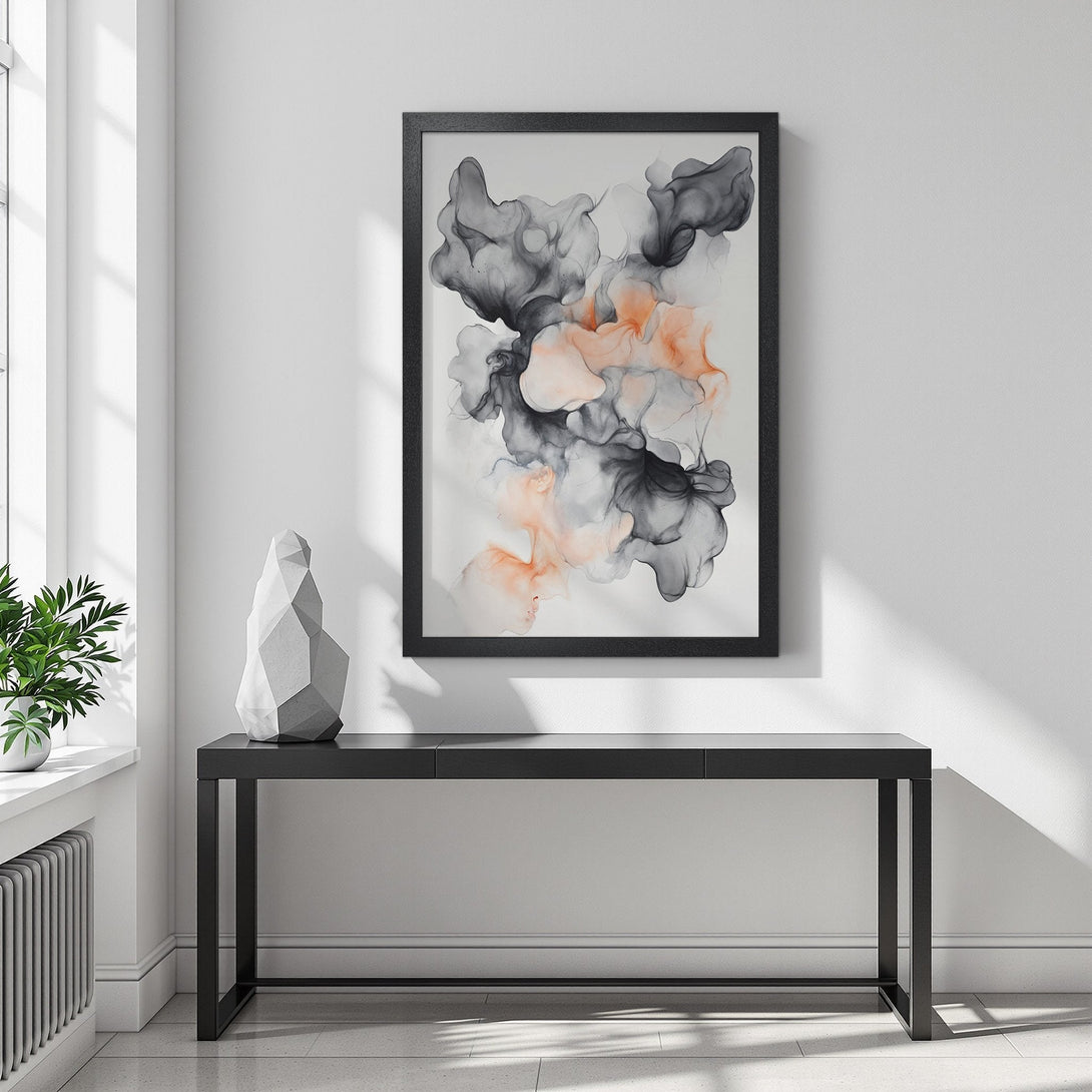 Framed Poster featuring abstract ink art in gray and peach tones. Modern art print for home decor.
