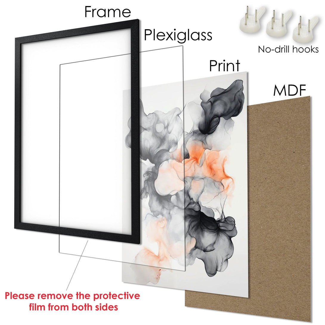 Framed Poster featuring abstract art in black, gray, and peach. Modern decor for your home!
