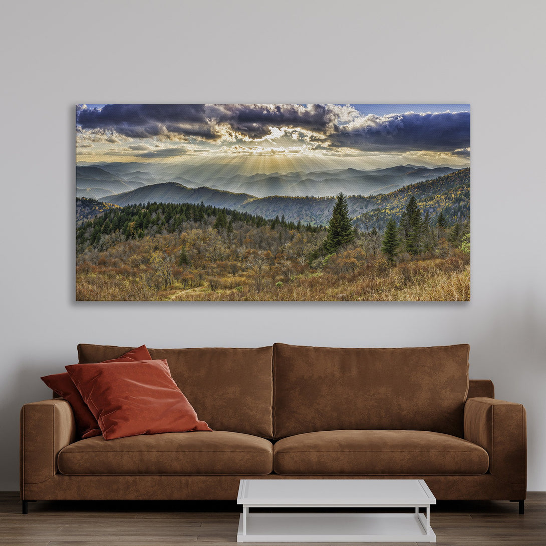 Framed Wall Art featuring a stunning mountain landscape with dramatic sky, warm earth tones. Perfect for adding a touch of nature to your home decor.