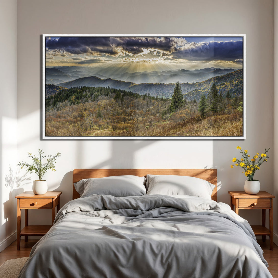 Framed Wall Art of a mountain landscape in a bedroom. Earthy tones with a dramatic sky. Add a touch of nature to your home!
