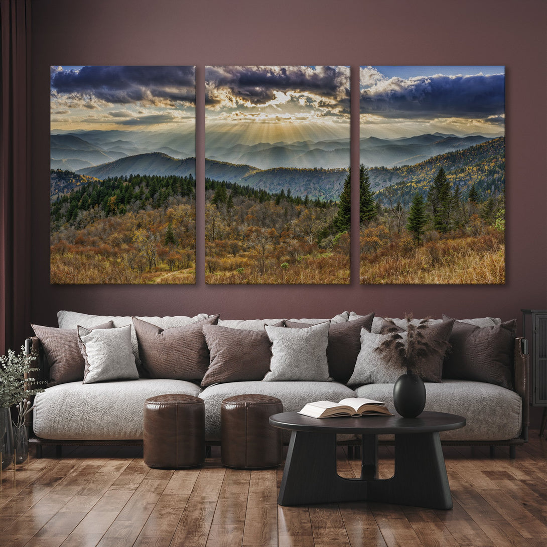 Canvas Print of a mountain landscape in warm earth tones. Enhance your living room with this stunning wall art!