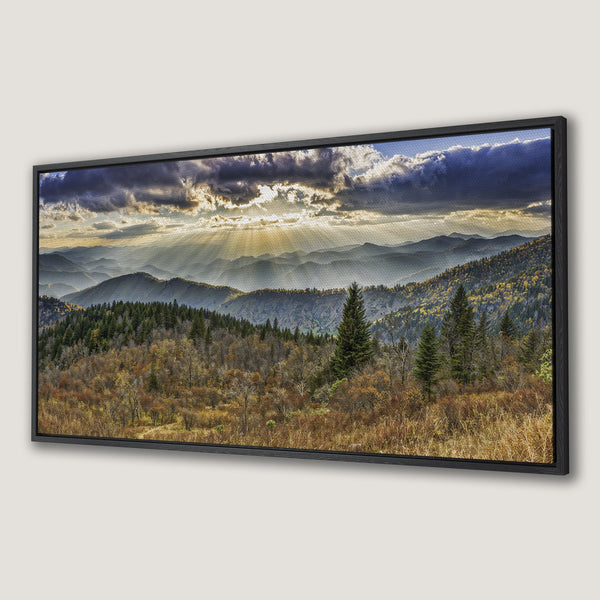Framed Wall Art Canvas Print of a mountain landscape with a dramatic sky, featuring a warm, earthy color palette. Perfect for home decor.