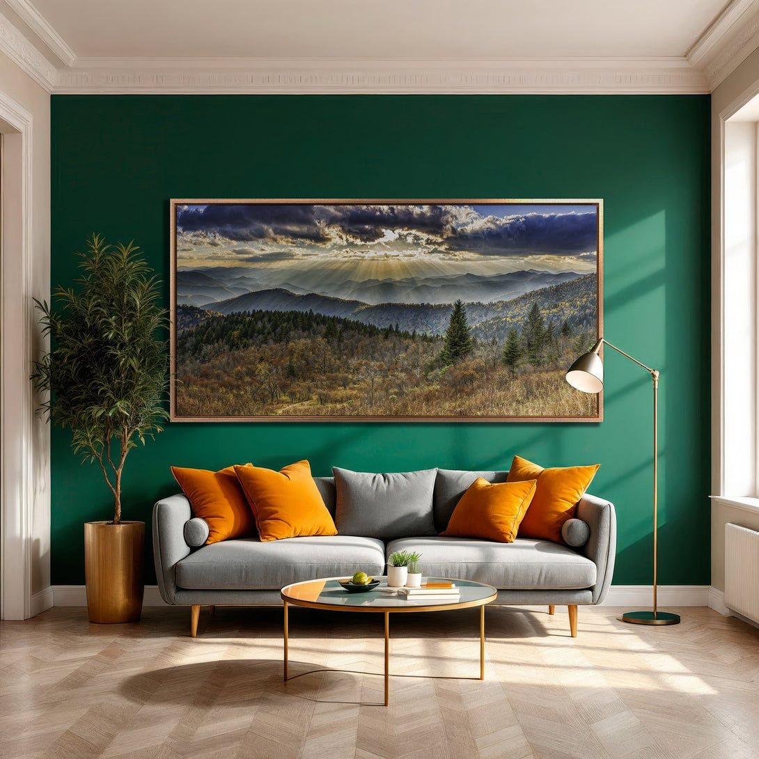 Framed Wall Art: Mountain landscape Canvas Print in warm tones, perfect for living room decor. Earthy color palette with green, gold, and orange accents.