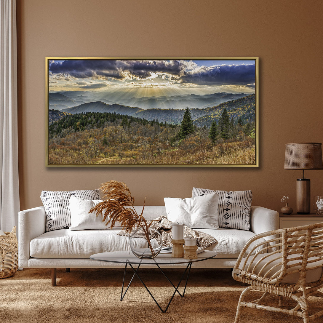 Canvas Print of a stunning mountain landscape with a warm color palette, perfect for adding natural beauty to your home decor.