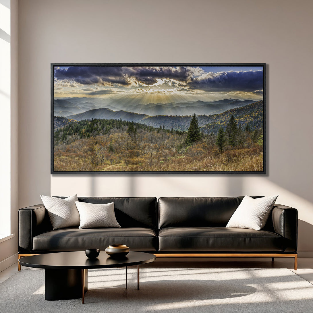 Framed Wall Art: Stunning mountain landscape Canvas Print, featuring a dramatic sunset with warm gold and cool blue tones, perfect for modern home decor.