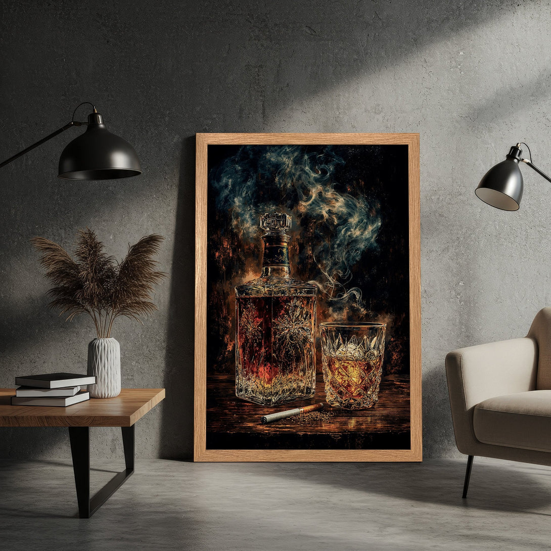 Framed Poster of whiskey bottle and glass, artistic style, warm brown and dark blue tones. Perfect wall art for home decor.