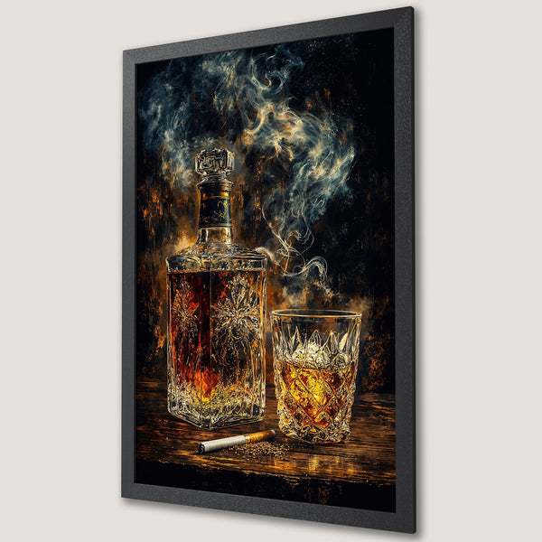 Framed Poster featuring whiskey bottle and glass, dramatic style, moody dark color palette with gold and brown accents. Perfect wall art.