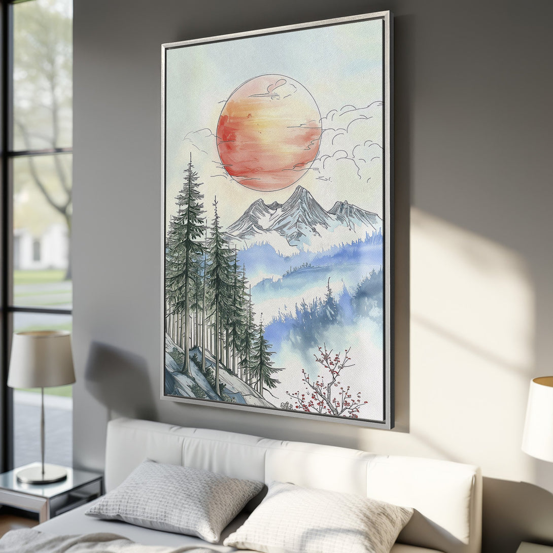 Framed Wall Art: Watercolor landscape Canvas Print with a sunset, mountains, and trees in a blue, green, and orange color palette. Perfect for home decor.