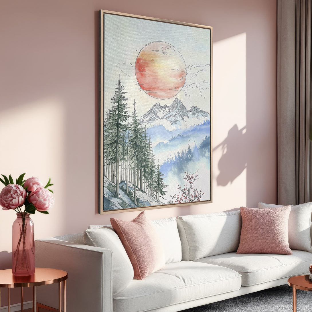 Framed Wall Art featuring a serene mountain landscape in watercolor style with a warm, pink and blue color palette. Enhance your home decor with this beautiful canvas print.