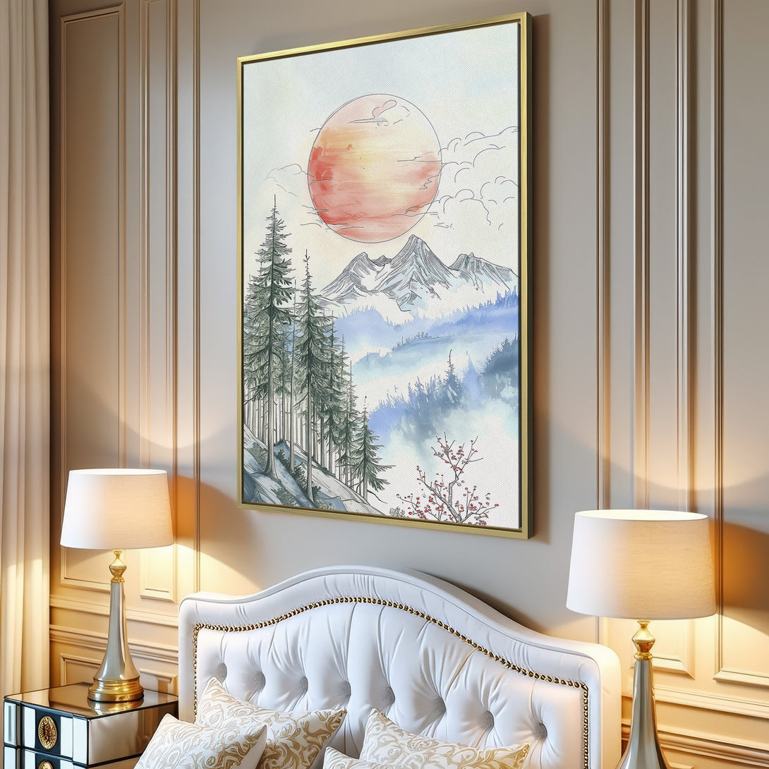 Canvas Print of a watercolor mountain landscape with a warm sunset. Features a cool blue and green palette, perfect wall art for any room.