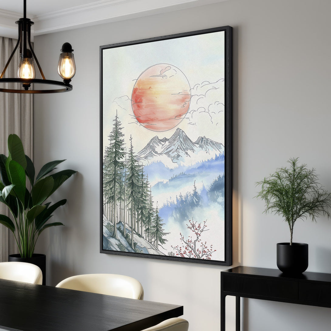 Framed Wall Art: Watercolor landscape Canvas Print featuring a sunset, mountains, and trees. Soft, muted color palette of blues, oranges, and greens. Perfect for home decor.