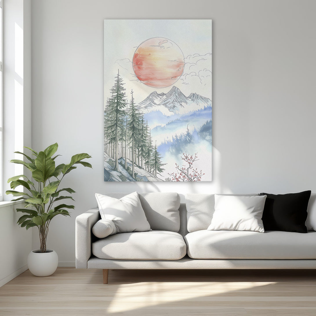 Framed Wall Art featuring a watercolor landscape with mountains, trees, and a sunset. Soft blue, green, and pink color palette for a serene aesthetic.