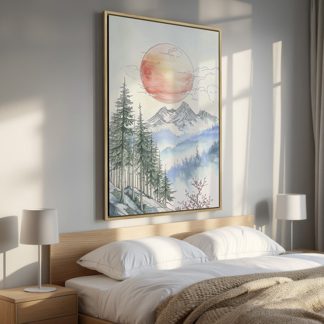 Framed Wall Art: Watercolor mountain landscape with a sunset in a bedroom. Features a serene palette of blues, greens, and warm orange tones. Perfect for home decor.