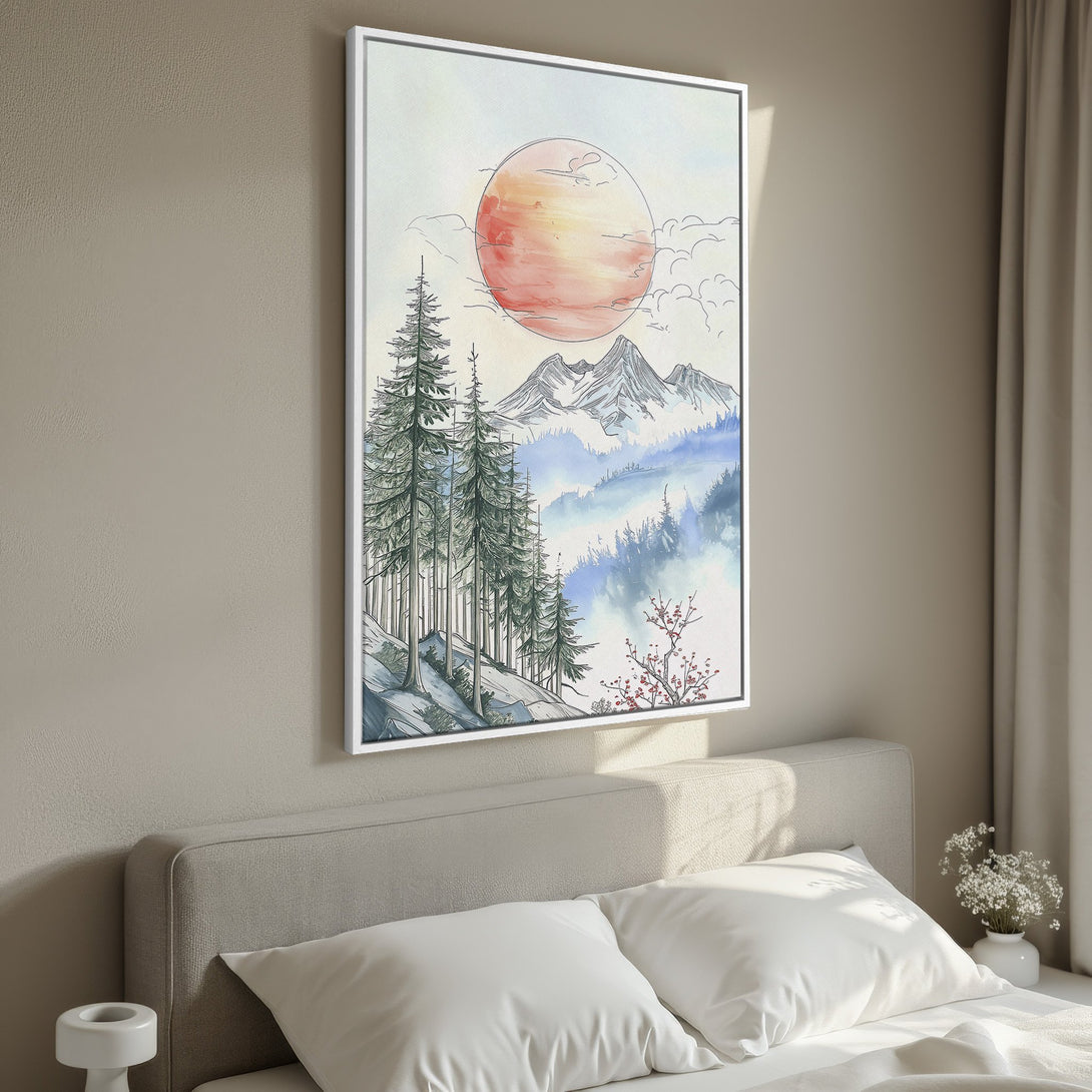 Framed Wall Art featuring a watercolor landscape with mountains, trees, and a sunset. Earthy tones of blue, green, and orange create a calming aesthetic. Perfect for bedroom decor.