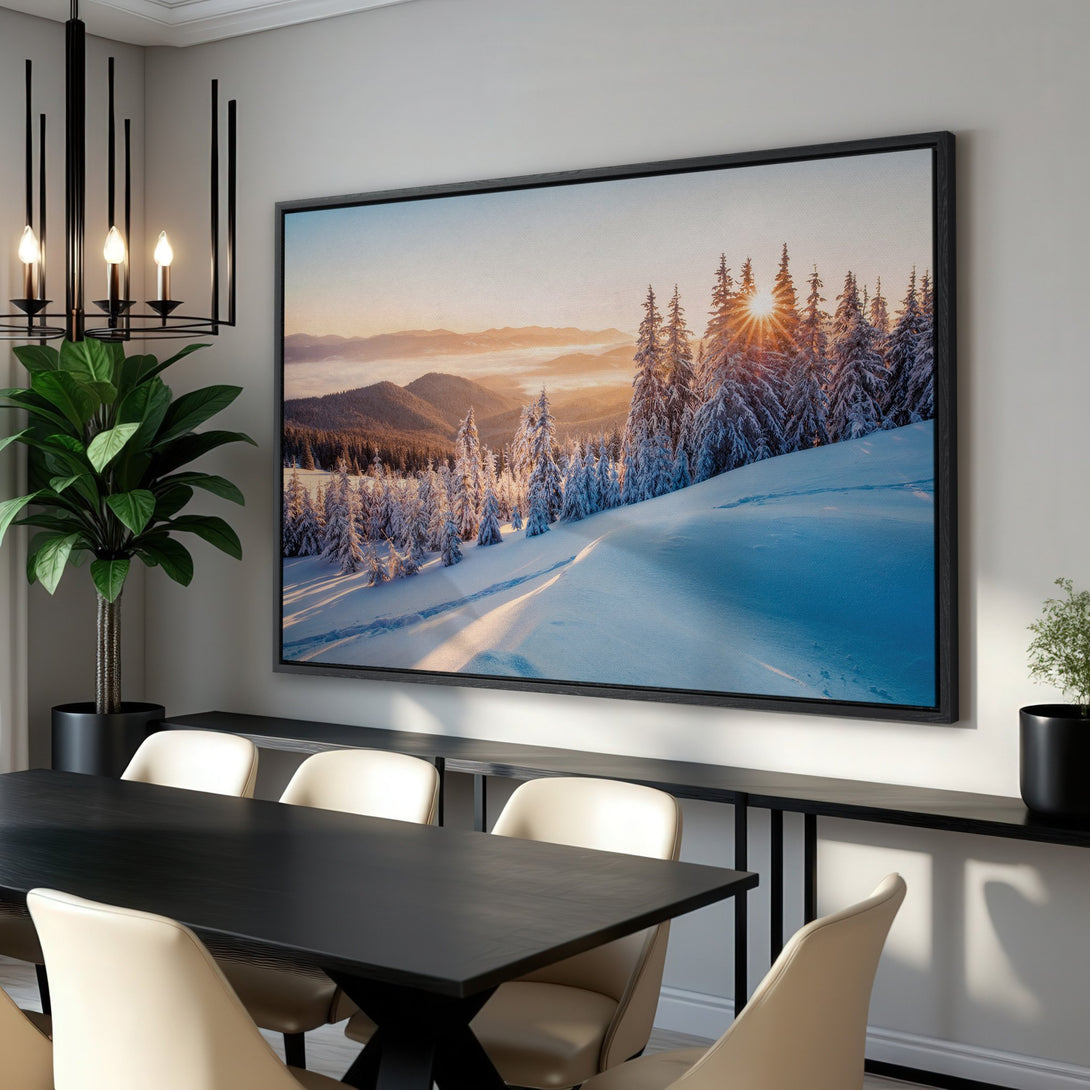 Framed Wall Art: Stunning winter landscape Canvas Print with snowy mountains, pine trees, and a warm sunset. Beautiful blue, white, and gold color palette.