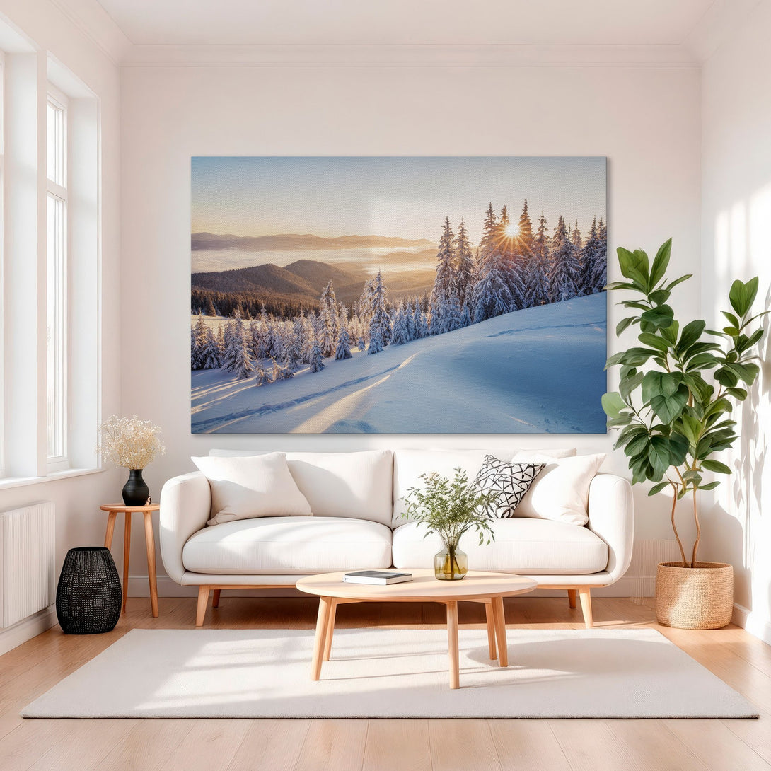 Framed Wall Art featuring a serene winter landscape with snow-covered trees and mountains. The color palette is warm, with gold and blue hues. Perfect for home decor.