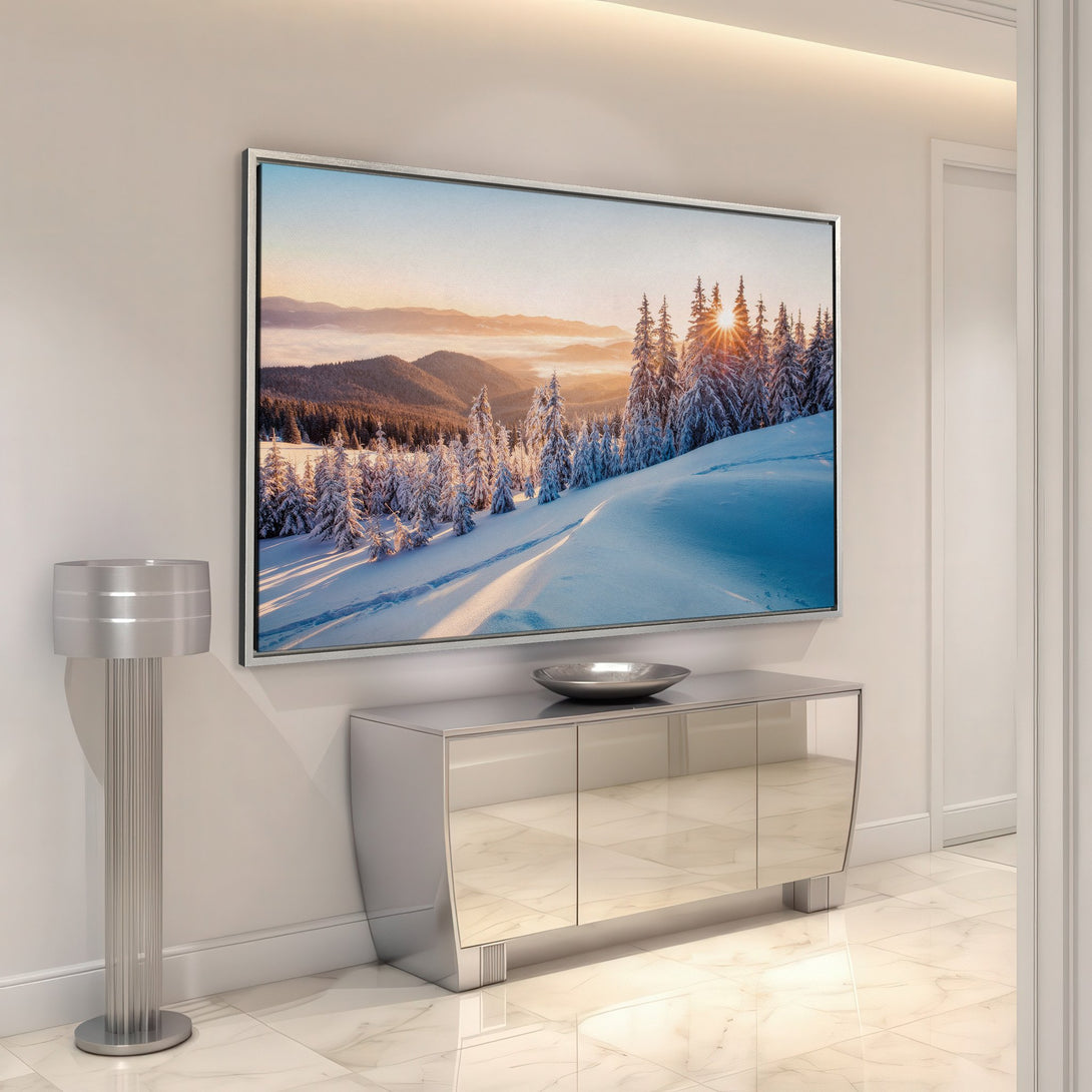 Framed Wall Art featuring a snowy mountain landscape with warm sunset colors. Modern style Canvas Print perfect for living room decor.