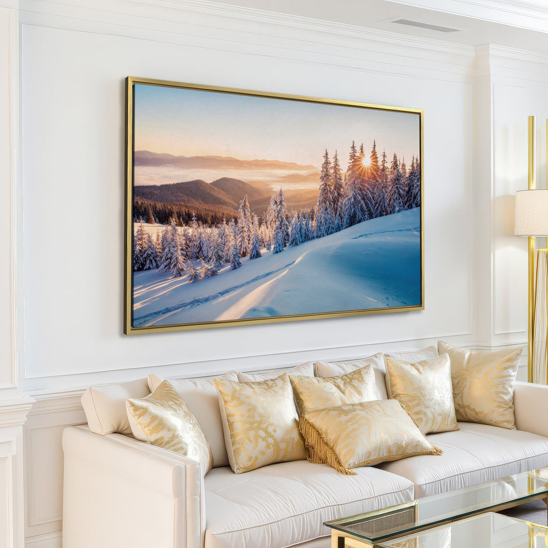 Canvas Print of a snowy mountain landscape with a warm color palette, perfect for adding a touch of nature to your home decor.