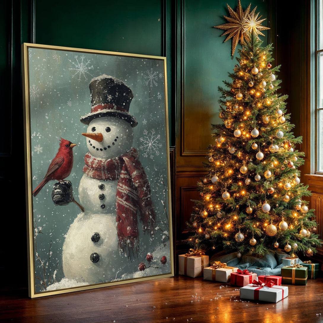 Canvas Print of a charming snowman with a cardinal, vintage style, in a wintery blue, red, and white color palette. Perfect holiday decor!
