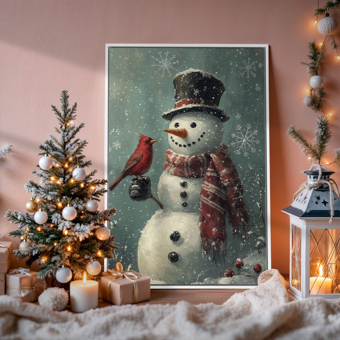 Framed Wall Art: Whimsical snowman with cardinal in a snowy scene. Winter-themed canvas print with a vintage style and a palette of teal, red, and white.
