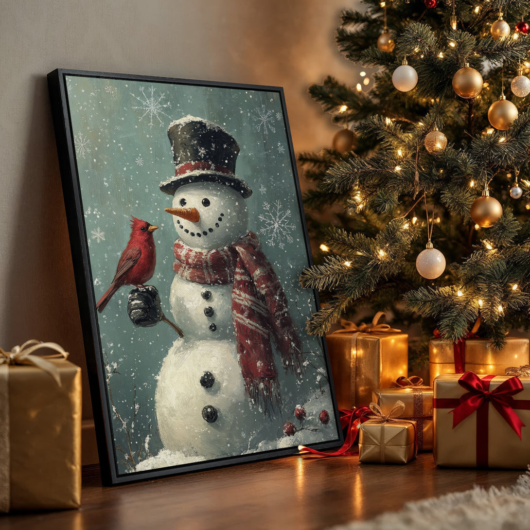 Framed Wall Art: Charming snowman with cardinal in a winter scene. Featuring a vintage style and a cozy red, white, and teal color palette. Perfect holiday decor!