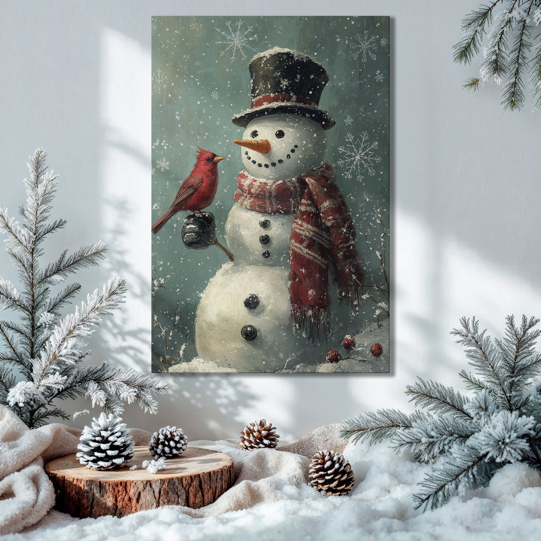 Framed Wall Art: Winter snowman with cardinal in a cozy interior. Rustic style, featuring blue, red, and white tones. Perfect Christmas decor.