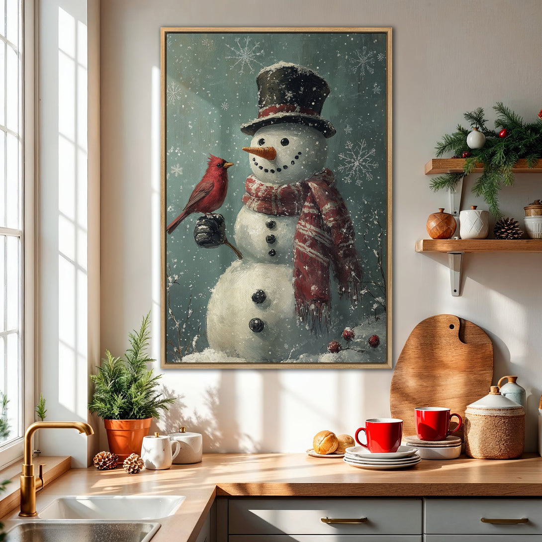 Framed Wall Art: Charming snowman with cardinal in a winter scene. Rustic style, featuring red, white, and teal color palette. Perfect for holiday decor.