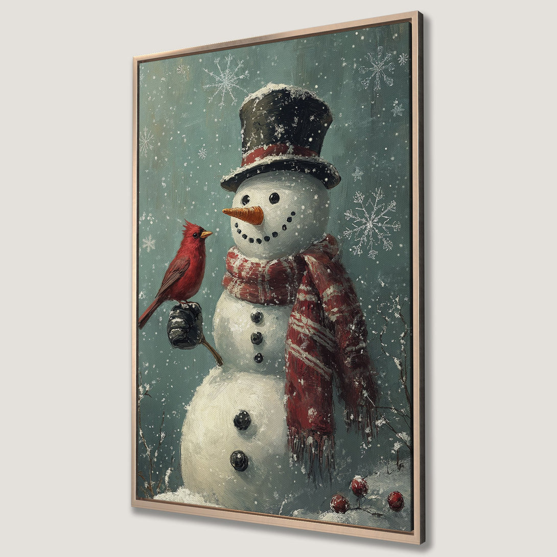 Framed Wall Art: Winter scene of a snowman with a cardinal. Vintage style art in a teal, red, and white color palette. Perfect for holiday decor.