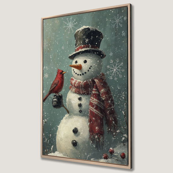 Framed Wall Art: Winter scene of a snowman with a cardinal. Vintage style art in a teal, red, and white color palette. Perfect for holiday decor.