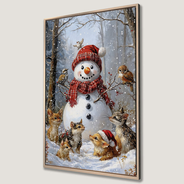 Framed Wall Art: Charming winter scene with a snowman, birds, and kittens. Whimsical style, featuring a red and white color palette, perfect for holiday decor.