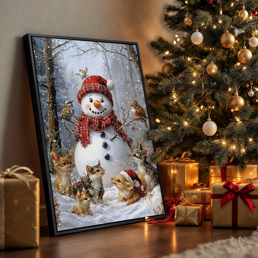 Framed Wall Art: Whimsical snowman scene with cats in a winter forest. Cozy, warm color palette with blues, reds, and golds. Perfect Christmas decor.