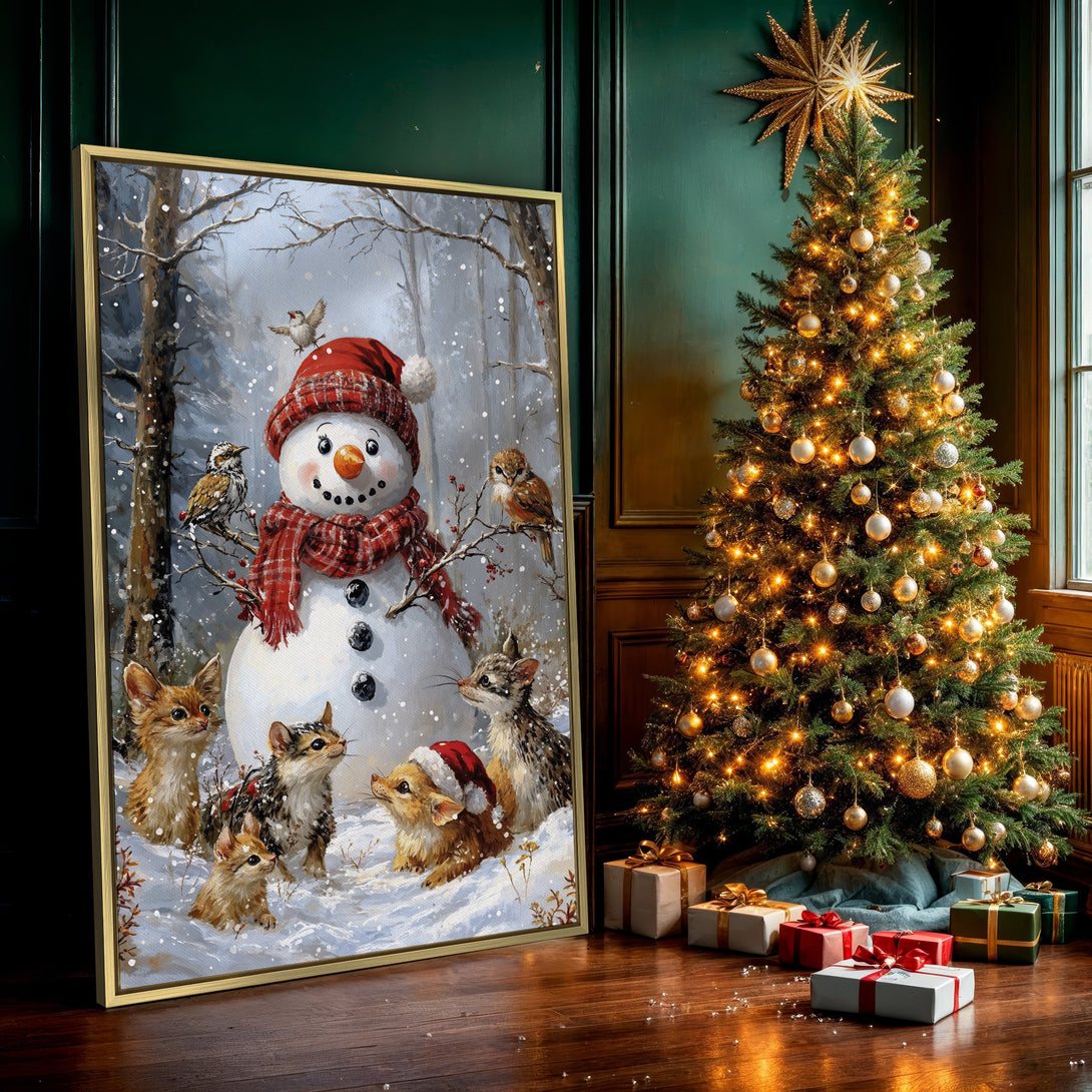 Canvas Print featuring a whimsical winter scene with a snowman, animals, and birds. Charming artwork in a blue, red, and white color palette. Perfect wall art!